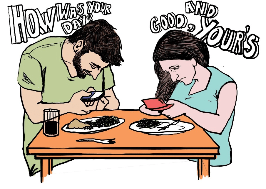 Man and women texting in mobile while eating 