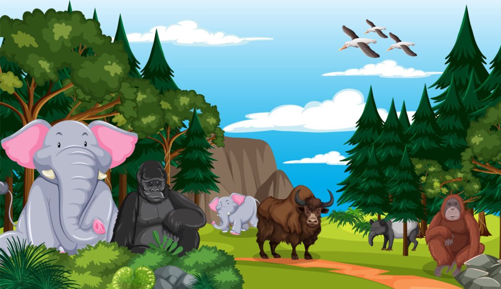Forest scene with wild animals cartoon characters illustration