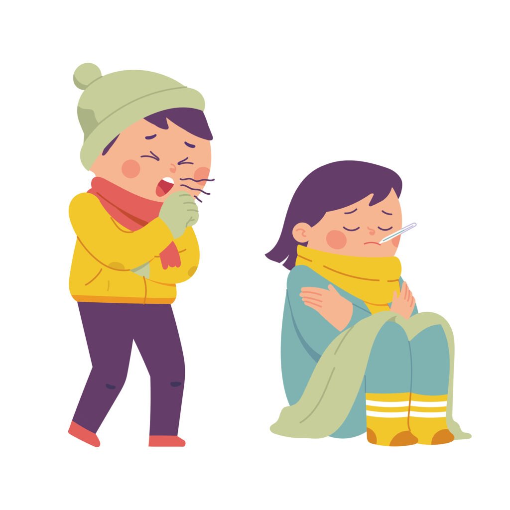 vector illustration of male and female characters suffering from hot fever and cough that are detrimental to health