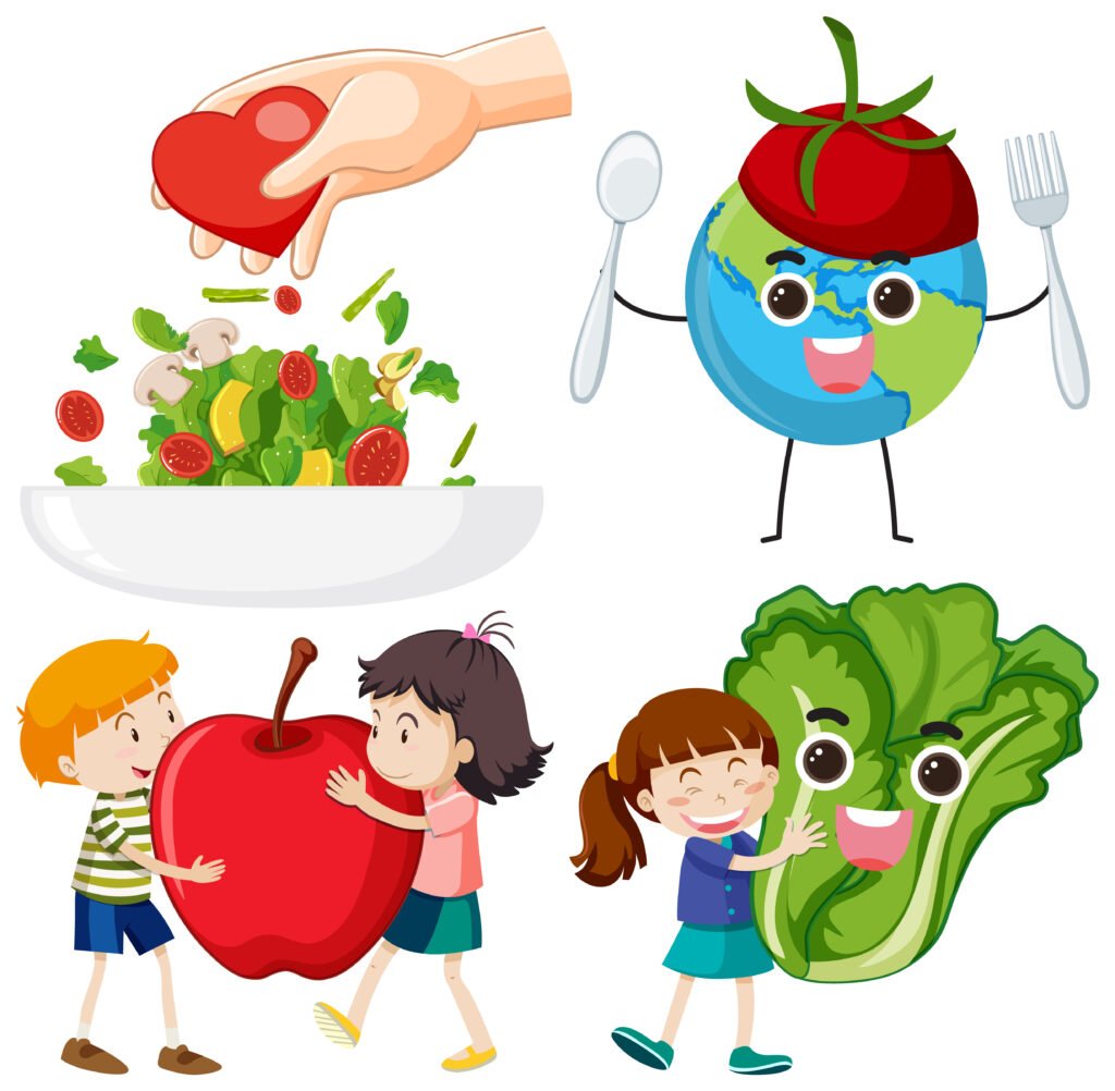 Set of healthy food and salad illustration
