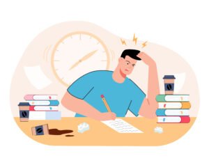 Stressed millennial guy studying before exams