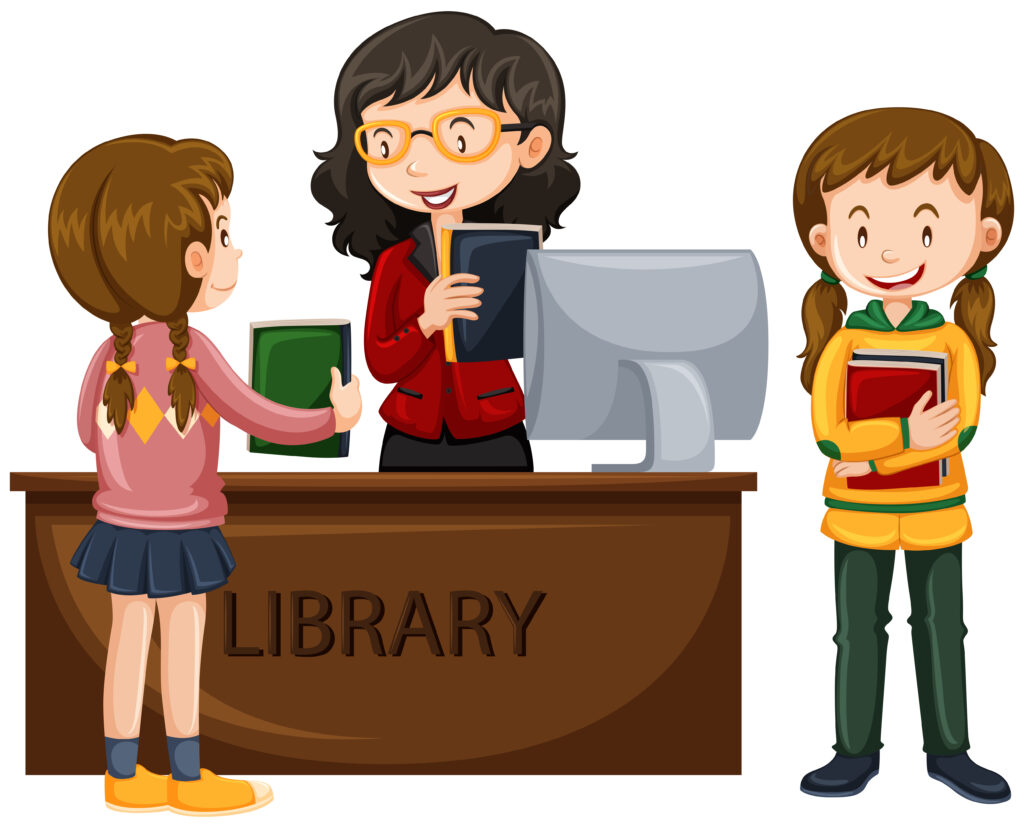 Kids check out books from library illustration