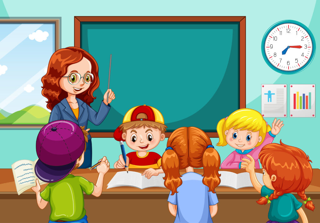 Teacher teaching students in the classroom scene illustration Teacher teaching students in the classroom scene illustration